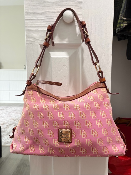 Dooney & Bourke Handbags - Dooney & Bourke Pink Logo Hobo with Brown Leather Trim